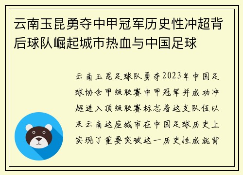 云南玉昆勇夺中甲冠军历史性冲超背后球队崛起城市热血与中国足球 云南玉昆勇夺中甲冠军历史性冲超背后球队崛起城市热血与中国足球
