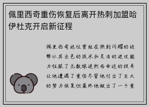 佩里西奇重伤恢复后离开热刺加盟哈伊杜克开启新征程