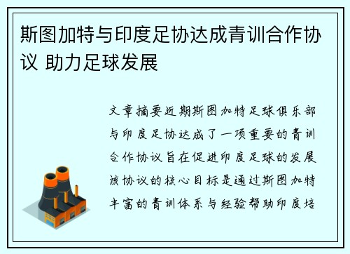 斯图加特与印度足协达成青训合作协议 助力足球发展