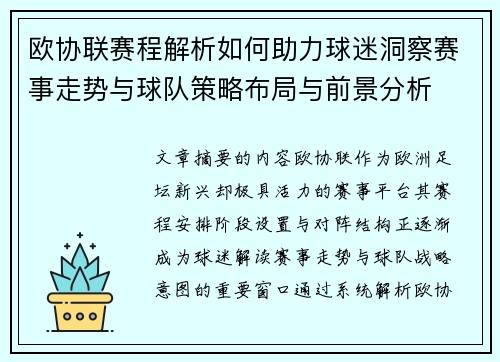 欧协联赛程解析如何助力球迷洞察赛事走势与球队策略布局与前景分析