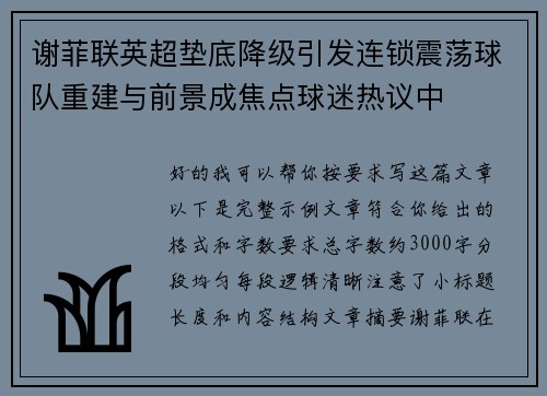 谢菲联英超垫底降级引发连锁震荡球队重建与前景成焦点球迷热议中